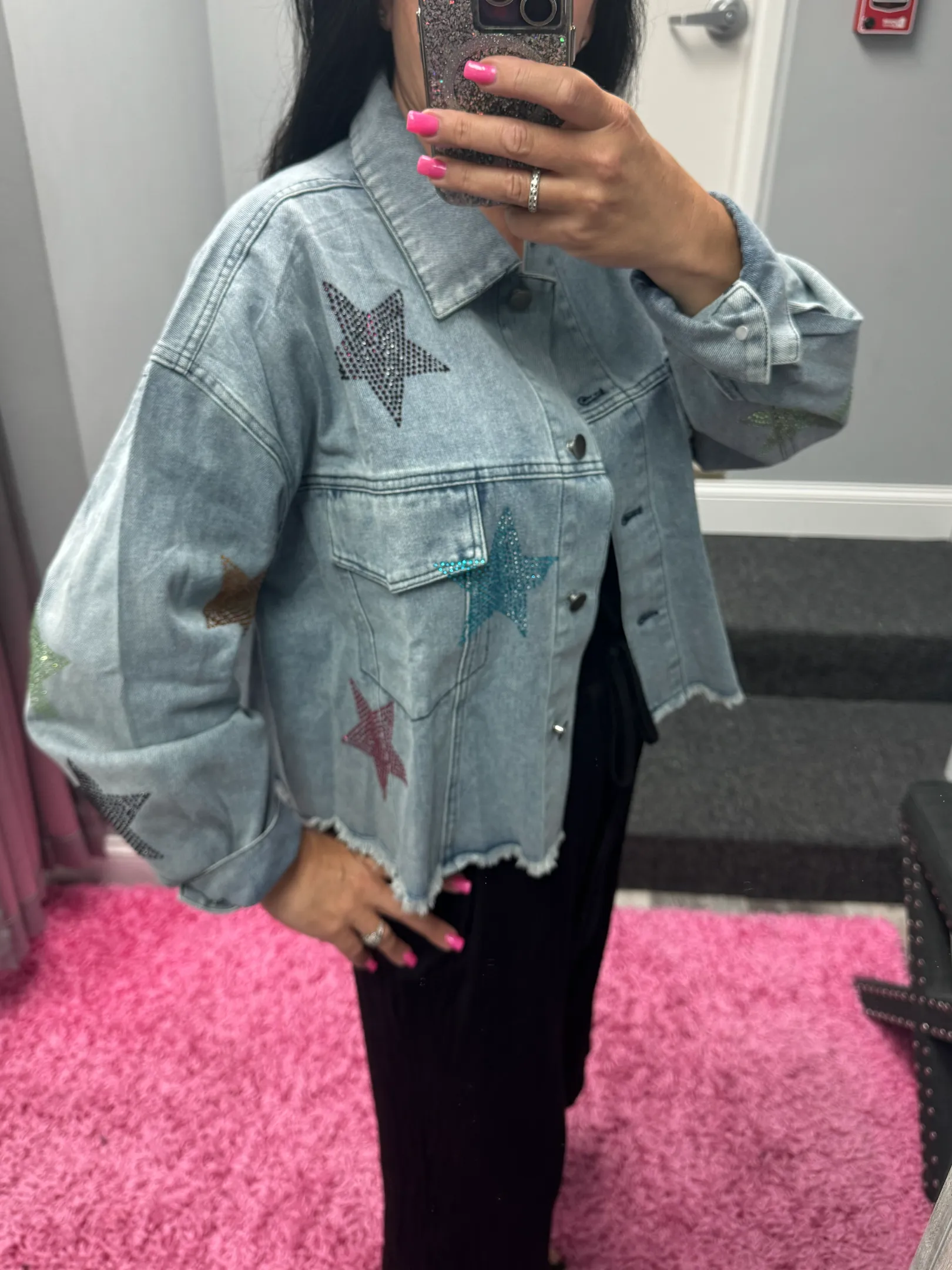 RHINESTONE STAR ACCENT DENIM JACKET - DENIM