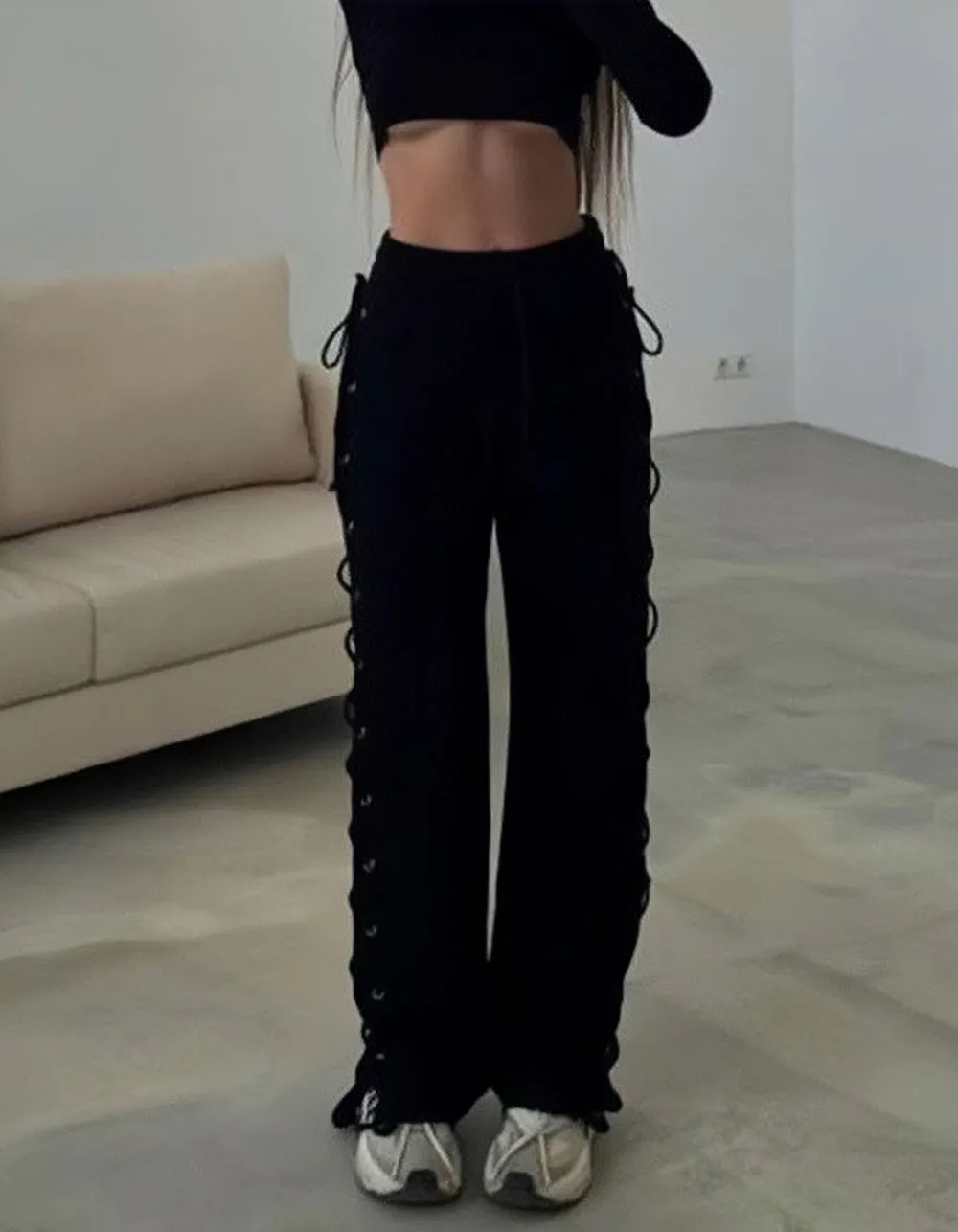 Solid-color Slim Side Split Tied Skeleton Wide Leg Pants