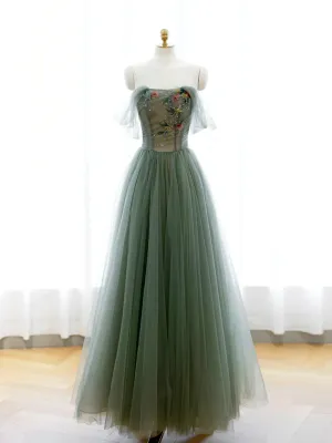 Strapless Green Tulle Floral Long Prom Dresses, Green Tulle Floral Formal Evening Dresses