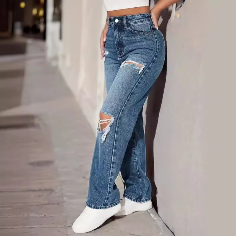 Trendy Straight-Leg Ripped Jeans for Women - European and American Style