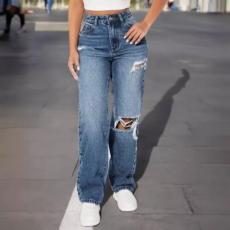 Trendy Straight-Leg Ripped Jeans for Women - European and American Style