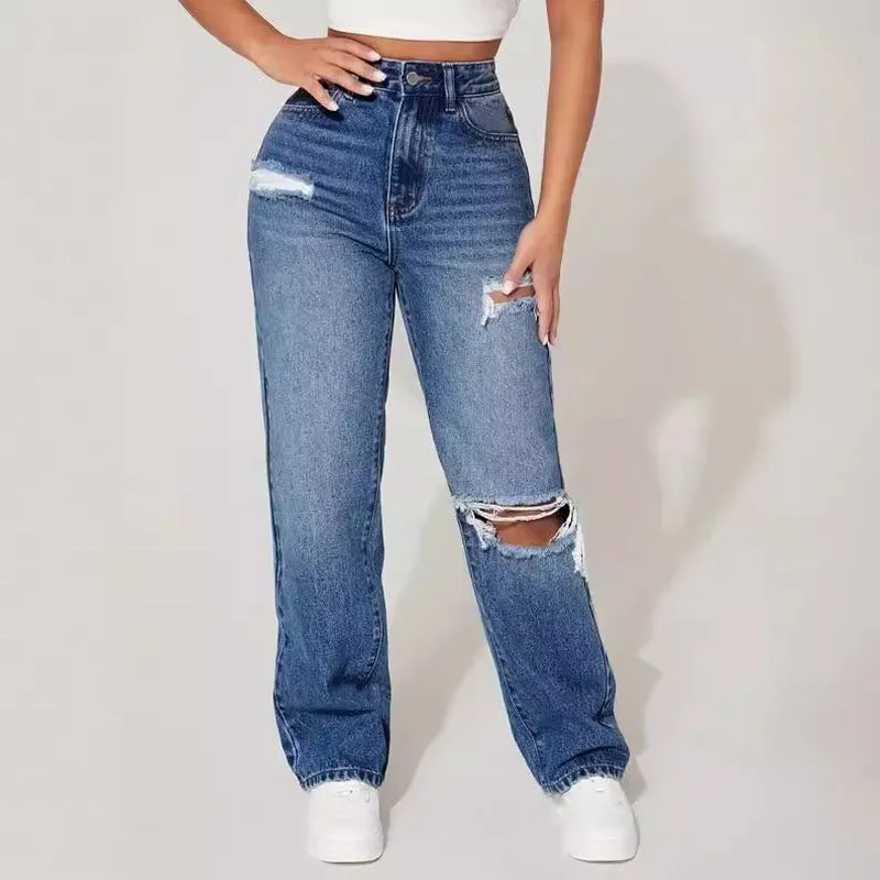 Trendy Straight-Leg Ripped Jeans for Women - European and American Style