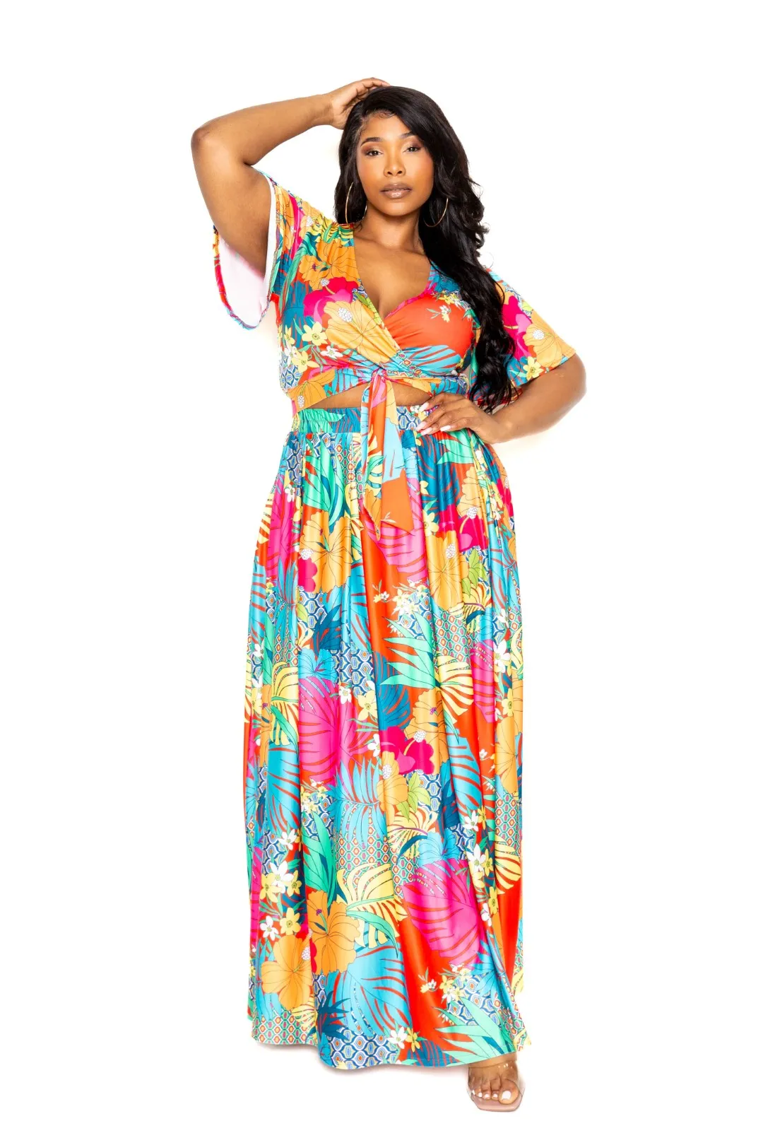 Tropical floral maxi skirt & top set - Ships from The USA