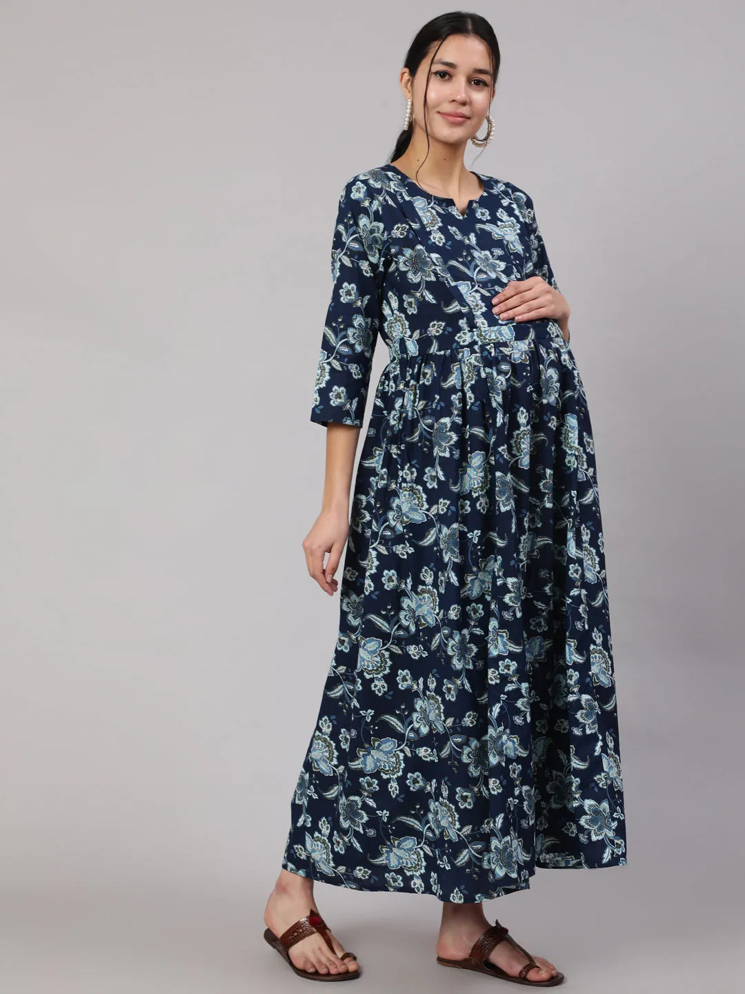 Women Blue Floral Printed Flared Maternity Dress