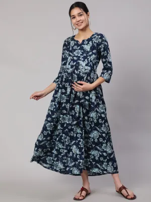 Women Blue Floral Printed Flared Maternity Dress