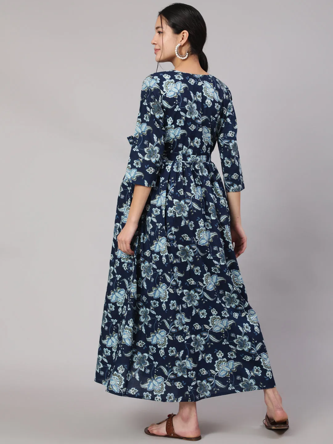 Women Blue Floral Printed Flared Maternity Dress