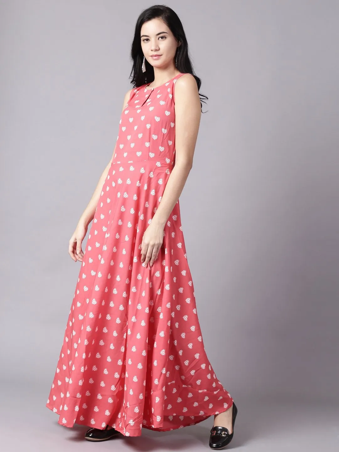 Women Pink Floral Printed Sleevless Maxi Dress