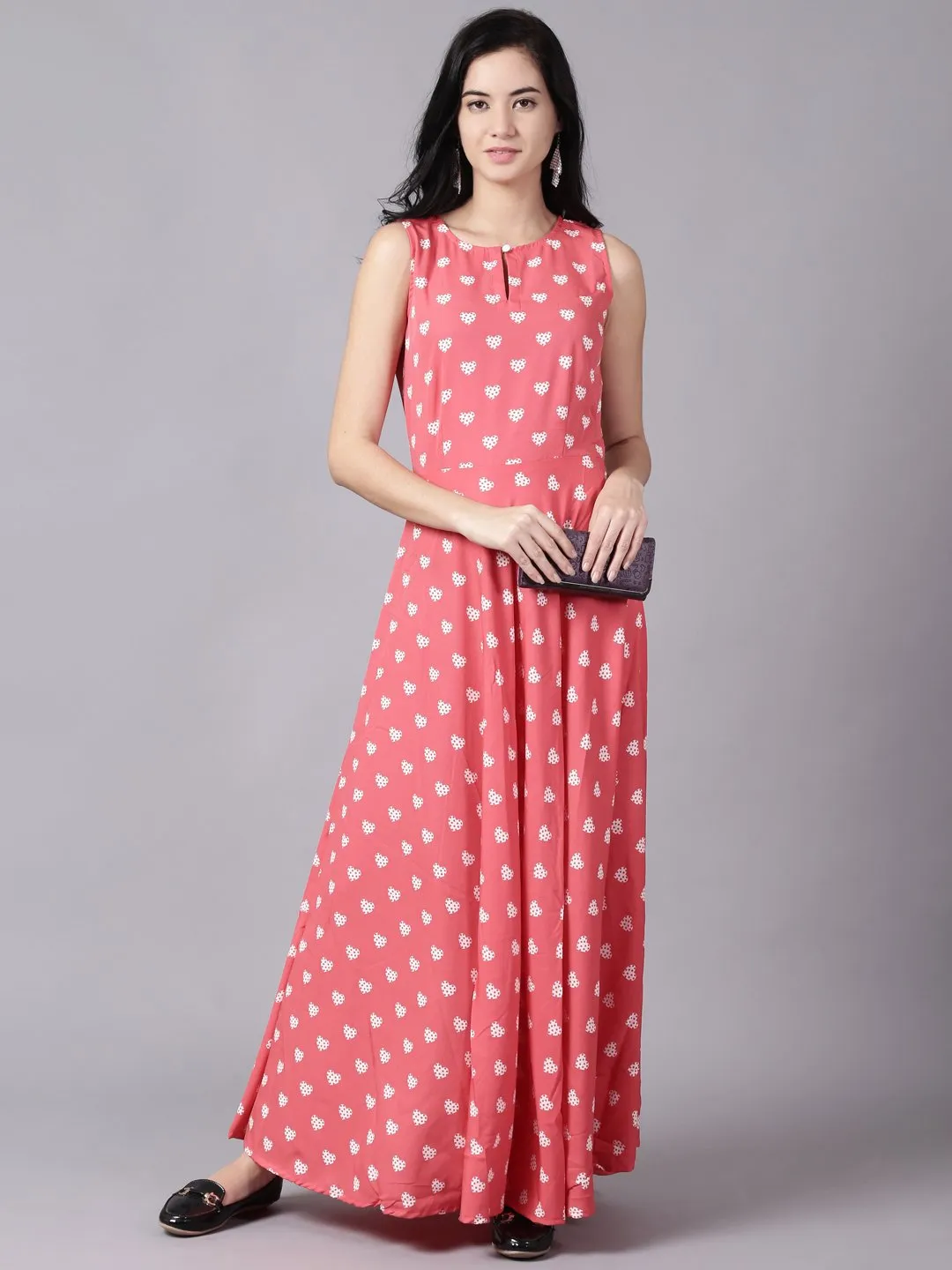 Women Pink Floral Printed Sleevless Maxi Dress